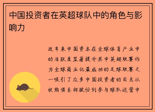 中国投资者在英超球队中的角色与影响力